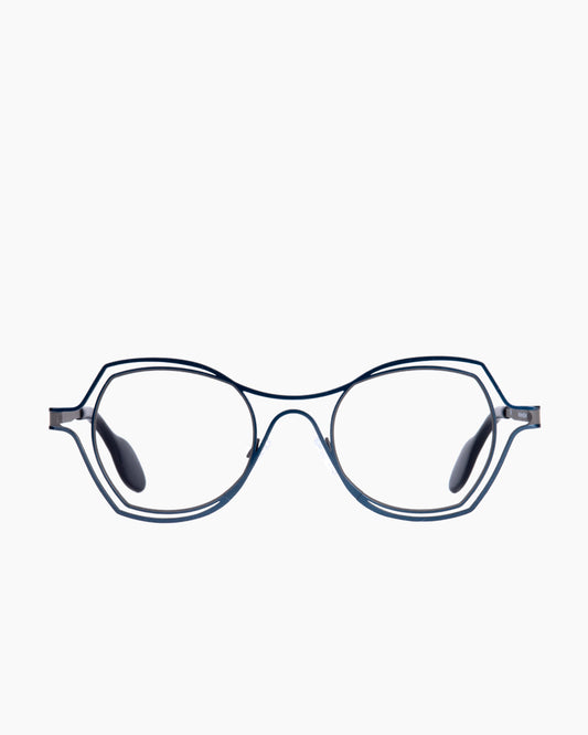 turquoise metal butterfly eyeglasses by Theo model DAYTONA, front view, lunettes de vue papillon couleur turquoise