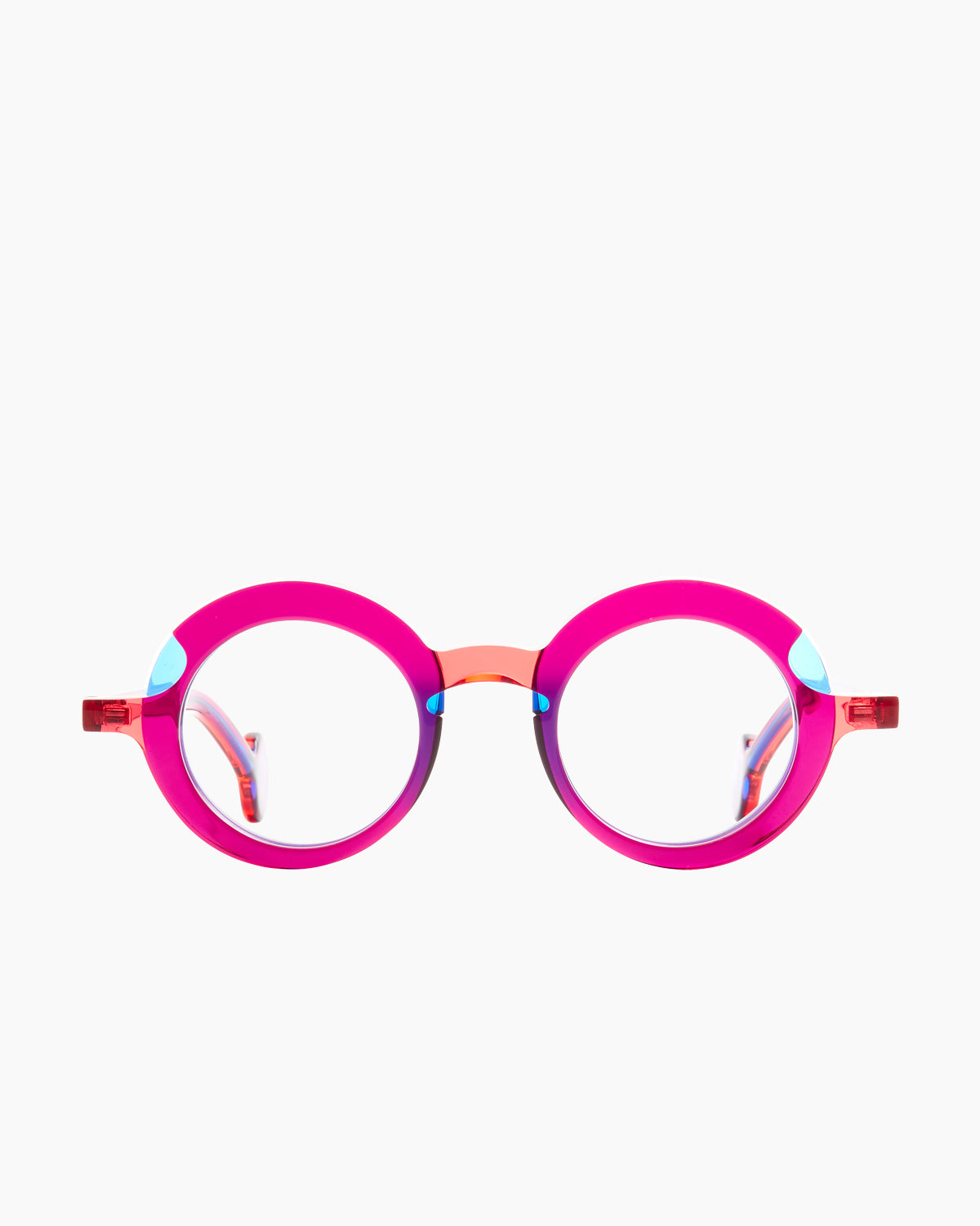 pink plastic round eyeglasses by Theo model Sara, front view, lunettes de vue rond couleur rose