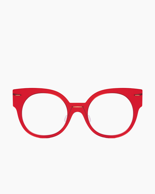 red plastic round eyeglasses by Monogram Marie-Sophie Dion model Brixi, front view, lunettes de vue rond couleur Rouge