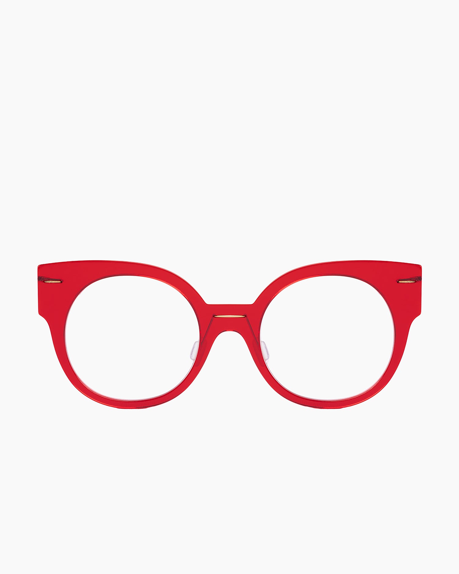 red plastic round eyeglasses by Monogram Marie-Sophie Dion model Brixi, front view, lunettes de vue rond couleur Rouge