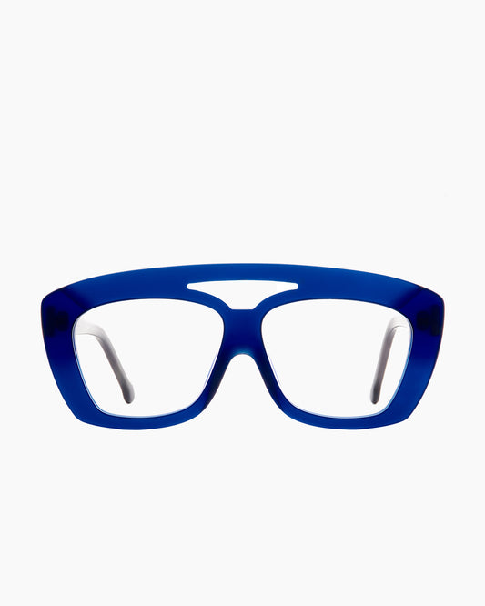 blue plastic aviator sunglassesby Marie-Sophie Dion model Nelsonp, front view, lunettes de vue aviateur couleur Bleu