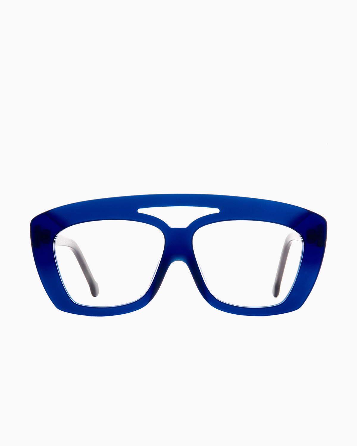 blue plastic aviator  sunglassesby Marie-Sophie Dion model Nelsonp, front view, lunettes de vue aviateur couleur Bleu