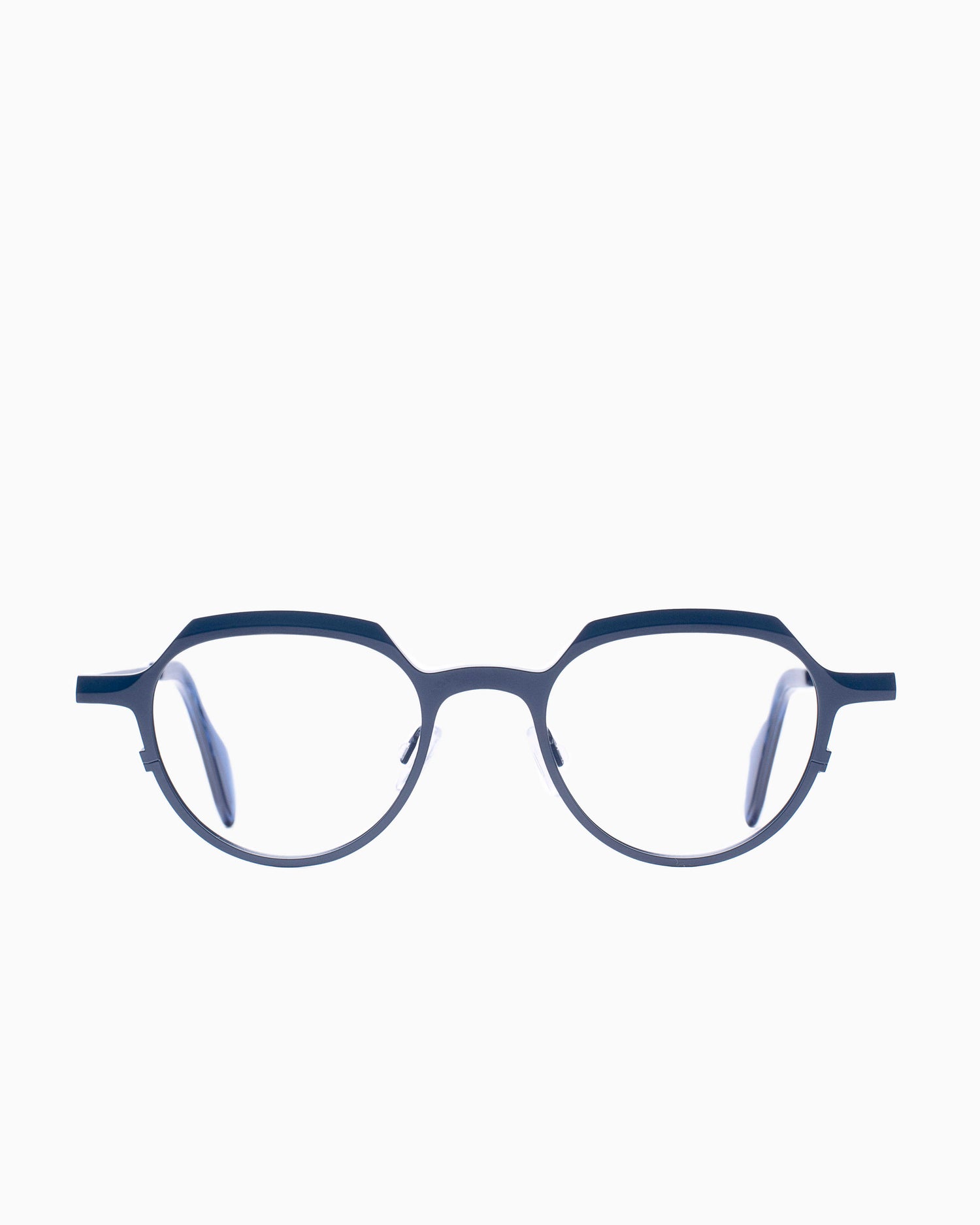 blue metal round eyeglasses by Theo model Obus, front view, lunettes de vue rond couleur Bleu