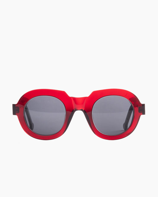 burgundy plastic round  sunglassesby Marie-Sophie Dion model Roger, front view, lunettes de vue rond couleur bourgogne