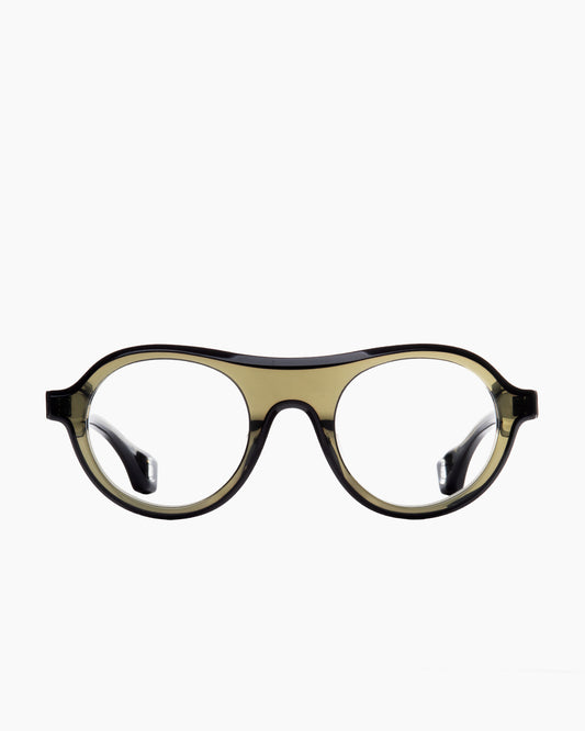 green plastic round eyeglasses by Blake Kuwahara model prouvé, front view, lunettes de vue rond couleur vert