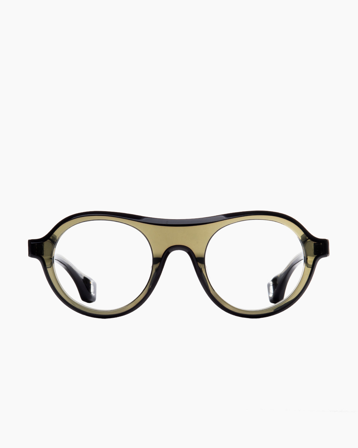 green plastic round eyeglasses by Blake Kuwahara model prouvé, front view, lunettes de vue rond couleur vert
