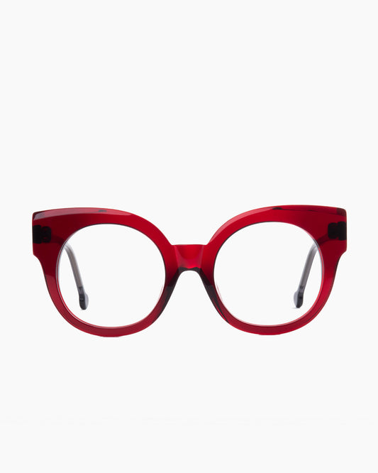 burgundy plastic round eyeglasses by Marie-Sophie Dion model Brixi, front view, lunettes de vue rond couleur bourgogne
