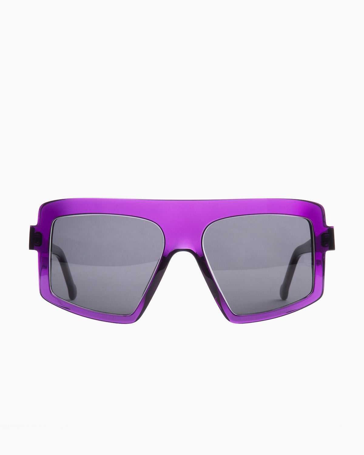 purple plastic rectangle  sunglassesby Marie-Sophie Dion model Larochelière, front view, lunettes de vue rectangle couleur violet