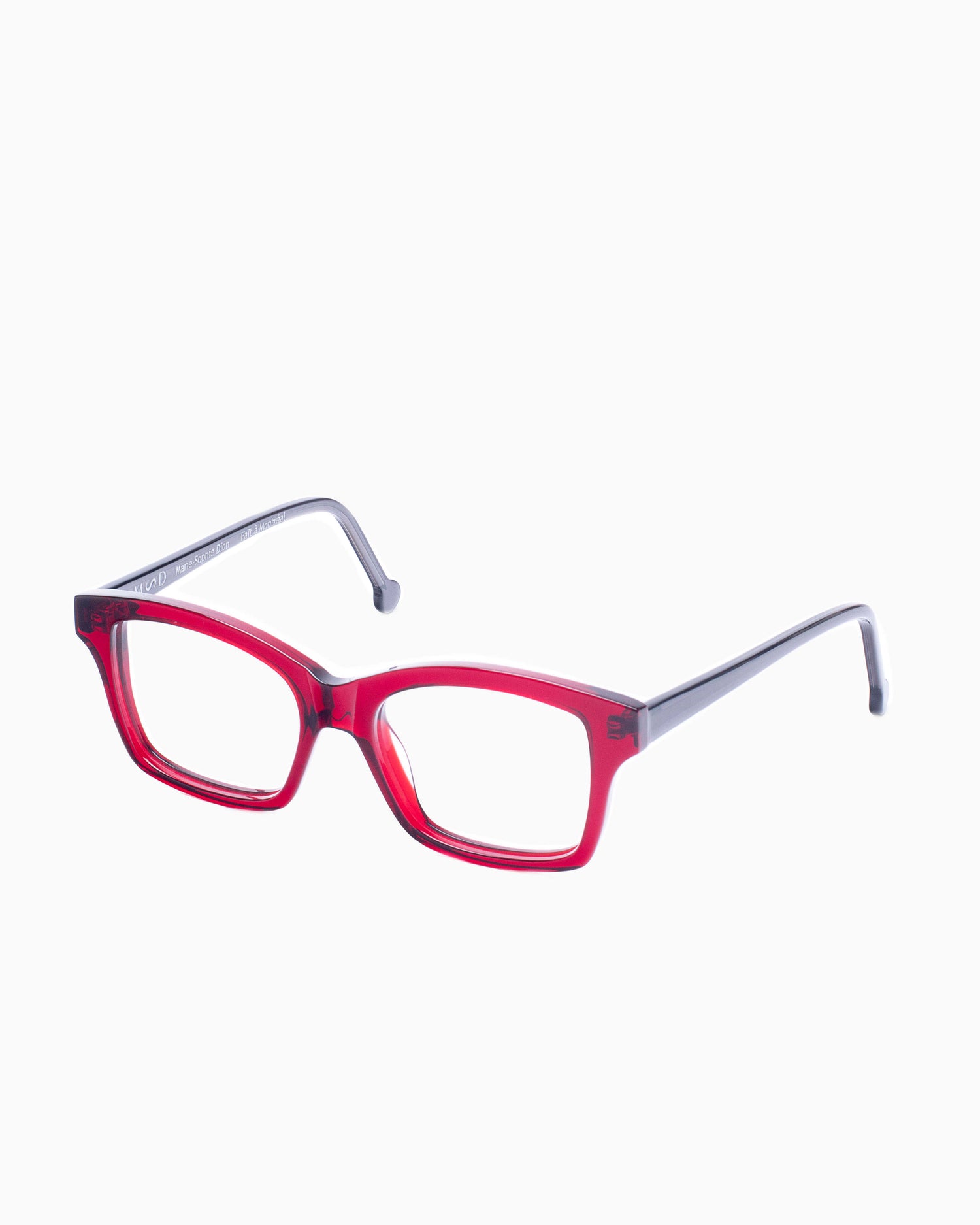 burgundy plastic butterfly eyeglasses by Marie-Sophie Dion model Giguere, front view, lunettes de vue papillon couleur bourgogne