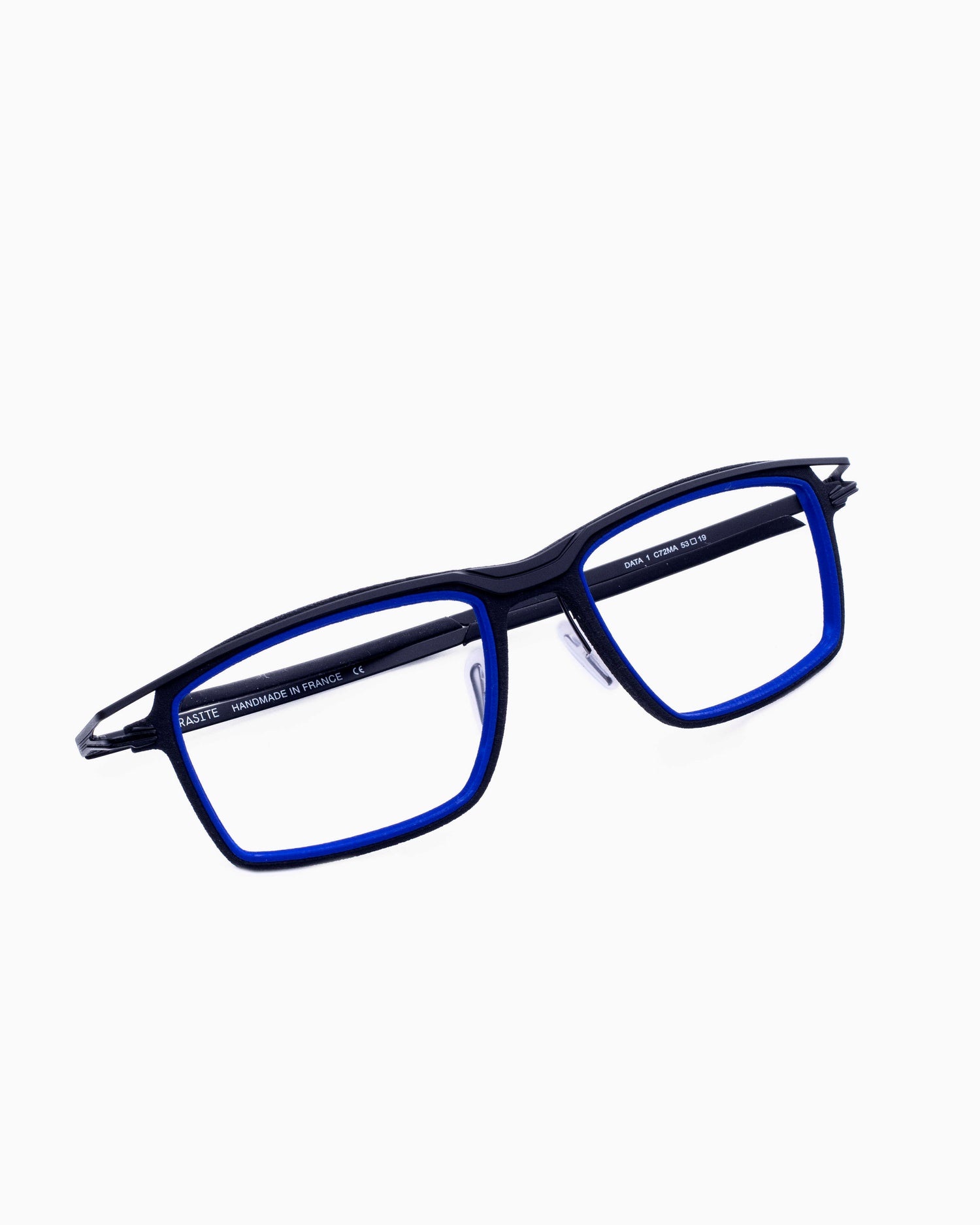 blue metal rectangle eyeglasses by Parasite model data1, front view, lunettes de vue rectangle couleur Bleu