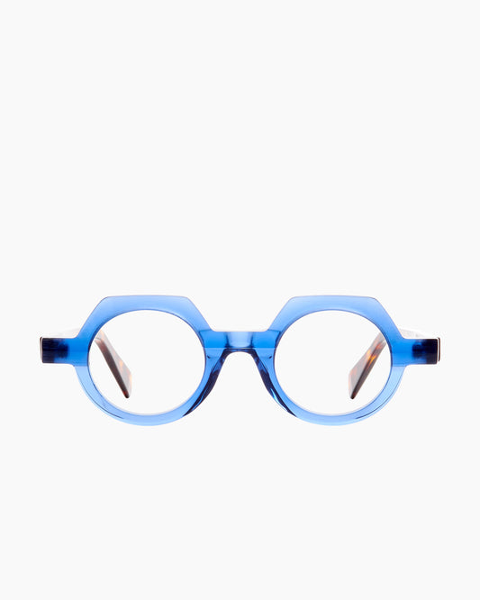 blue plastic round eyeglasses by Anne et Valentin model Rayon, front view, lunettes de vue rond couleur bleu