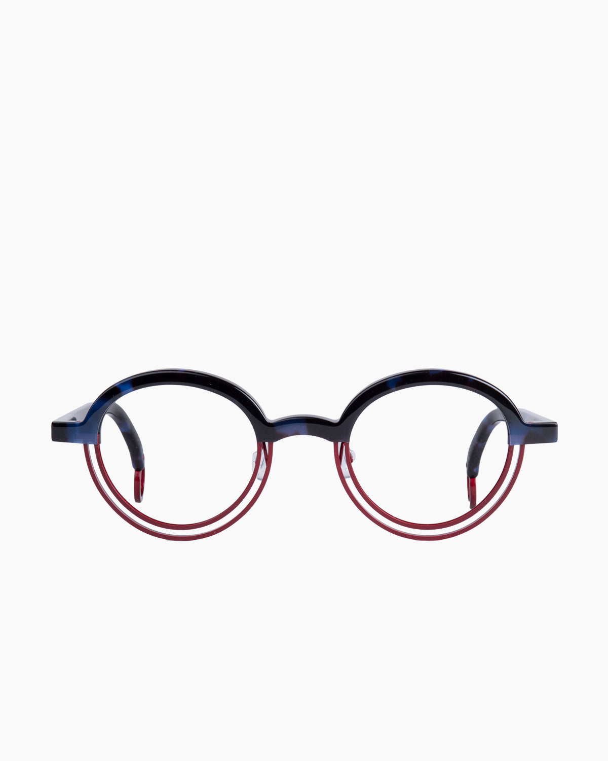 burgundy metal round eyeglasses by Theo model BUMPER, front view, lunettes de vue rond couleur bourgogne