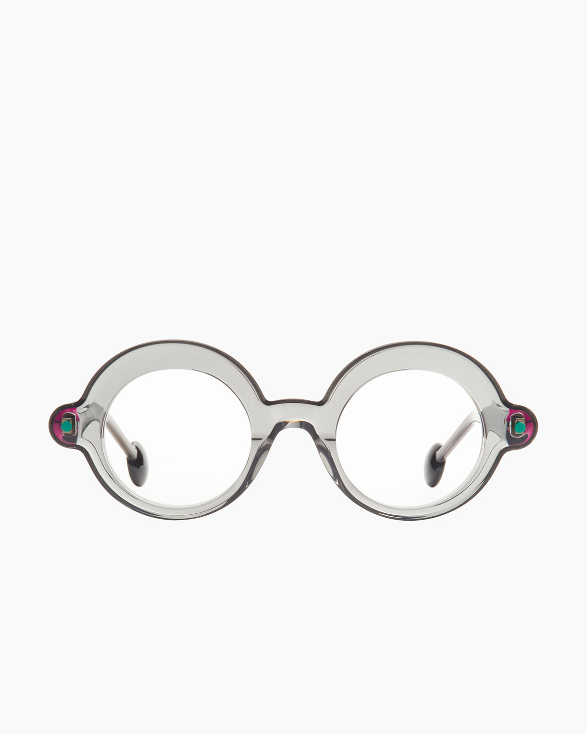 grey plastic round eyeglasses by Anne et Valentin model Blup, front view, lunettes de vue rond couleur gris