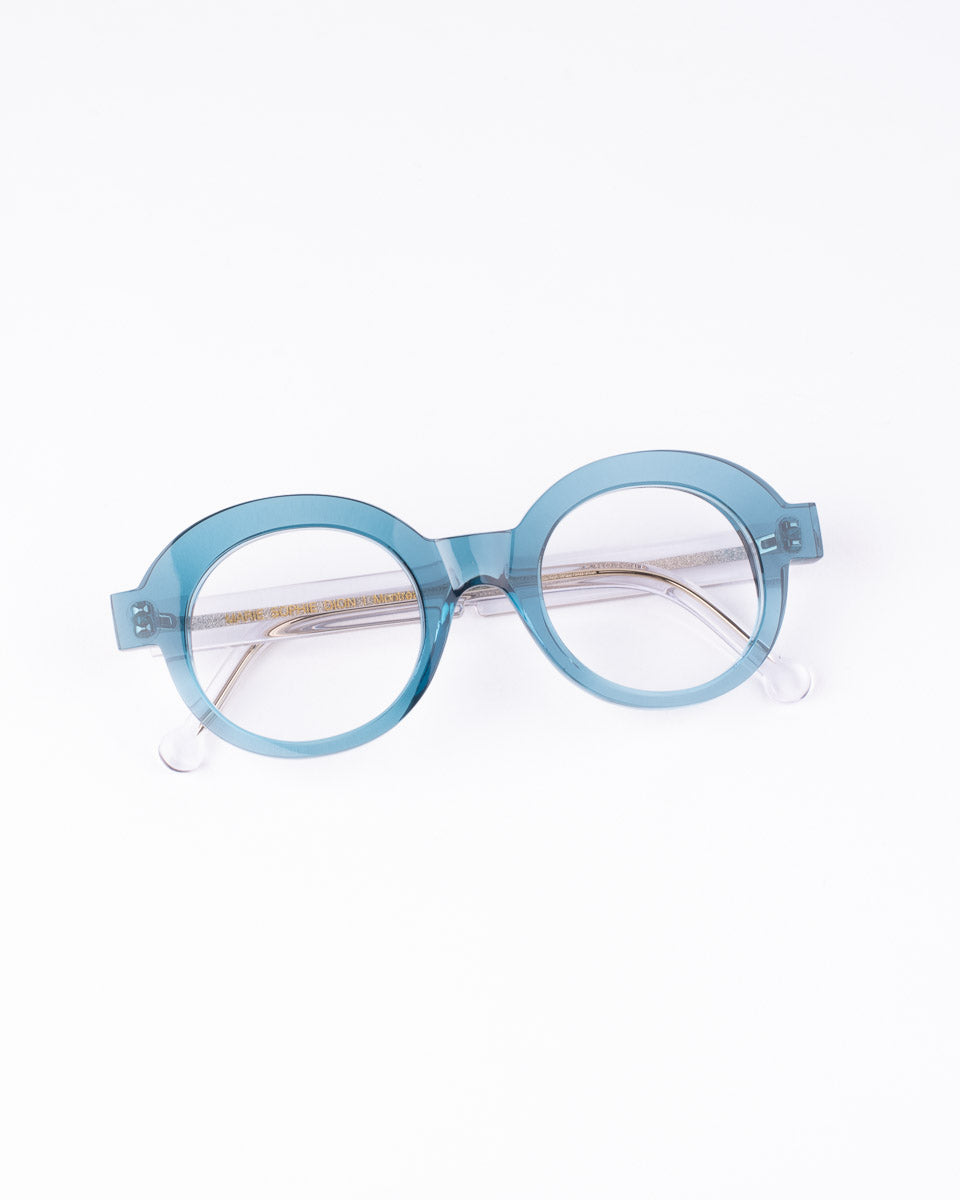 blue plastic round eyeglasses by Marie-Sophie Dion model Latraverse, front view, lunettes de vue rond couleur Bleu