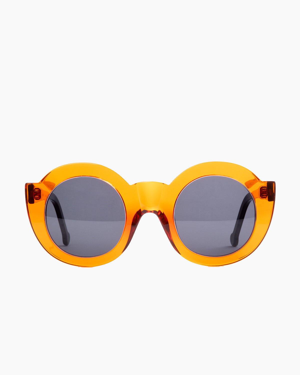orange plastic round  sunglassesby Marie-Sophie Dion model CollSun, front view, lunettes de vue rond couleur Orange