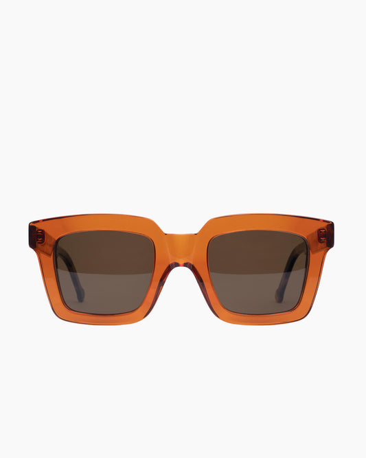 orange plastic rectangle  sunglassesby Marie-Sophie Dion model WilkySUN, front view, lunettes de vue rectangle couleur Orange