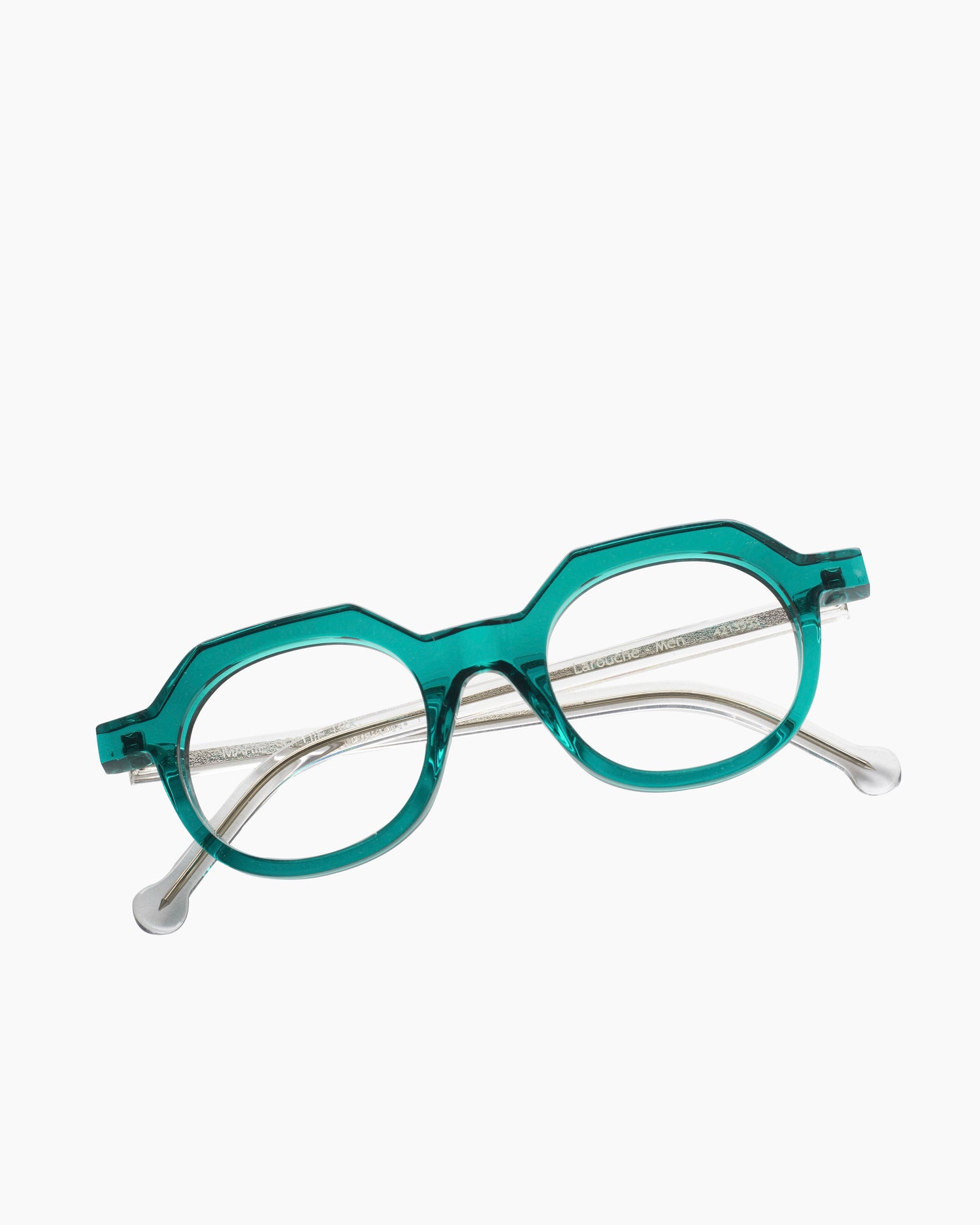 green plastic round eyeglasses by Marie-Sophie Dion model Larouche, front view, lunettes de vue rond couleur Vert