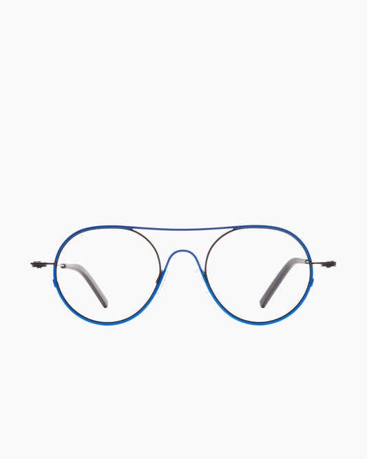 blue metal round eyeglasses by Theo model Isobar, front view, lunettes de vue rond couleur bleu