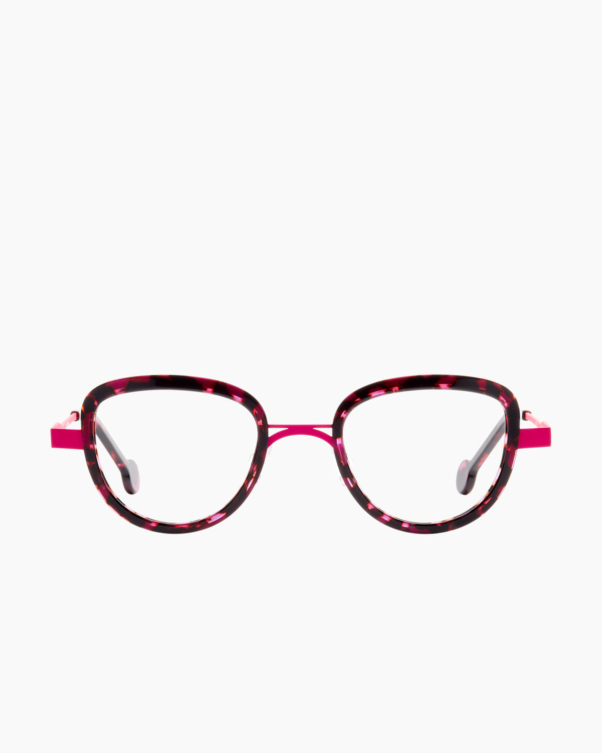 pink metal butterfly eyeglasses by Anne et Valentin model fenix, front view, lunettes de vue papillon couleur rose