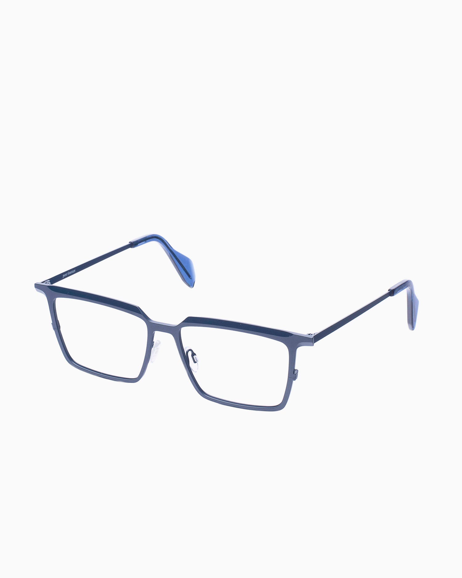 blue metal rectangle eyeglasses by Theo model Barion, front view, lunettes de vue rectangle couleur Bleu