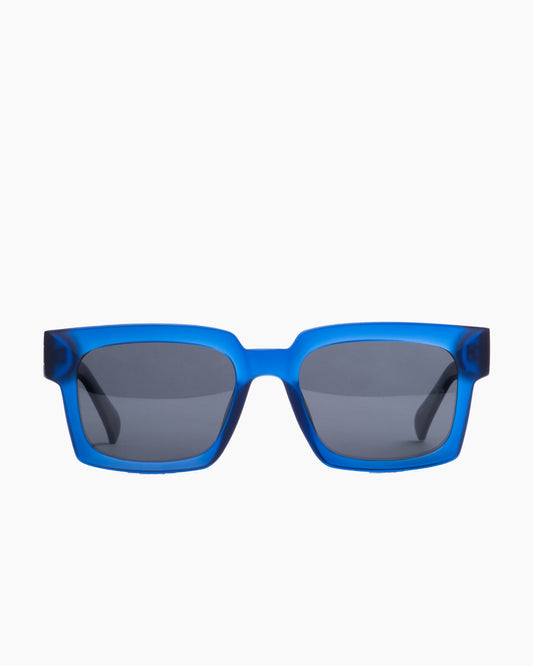 blue plastic rectangle sunglassesby Evolve model ELS6, front view, lunettes de vue rectangle couleur bleu