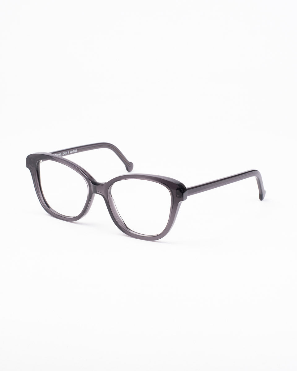 grey plastic butterfly eyeglasses by Marie-Sophie Dion model Lamy, front view, lunettes de vue papillon couleur Gris