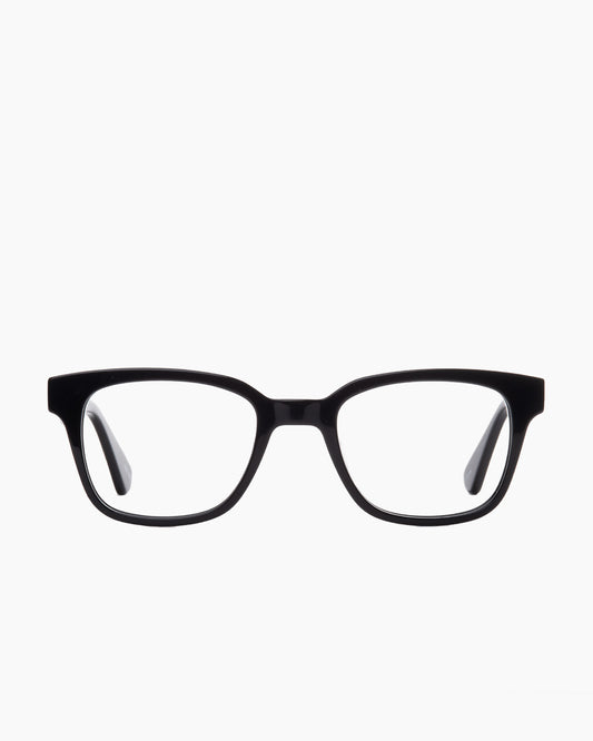 black plastic rectangle eyeglasses by Evolve model Harper, front view, lunettes de vue rectangle couleur noir