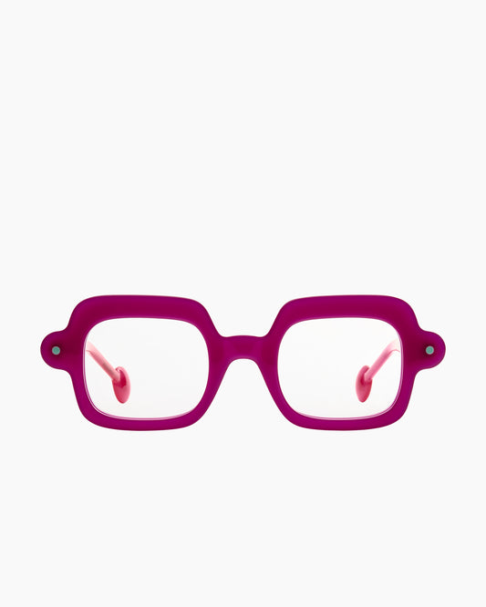 pink plastic rectangle eyeglasses by Anne et Valentin model Bim, front view, lunettes de vue rectangle couleur rose