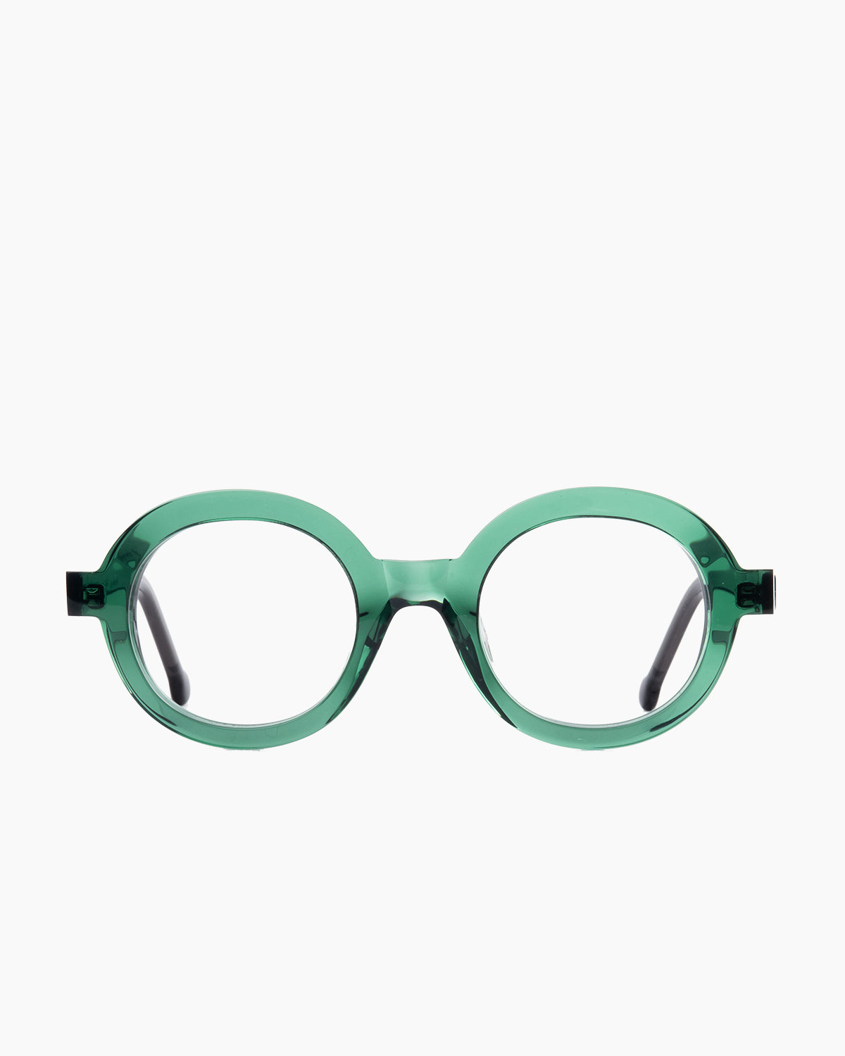 green plastic round eyeglasses by Marie-Sophie Dion model Luisa, front view, lunettes de vue rond couleur vert