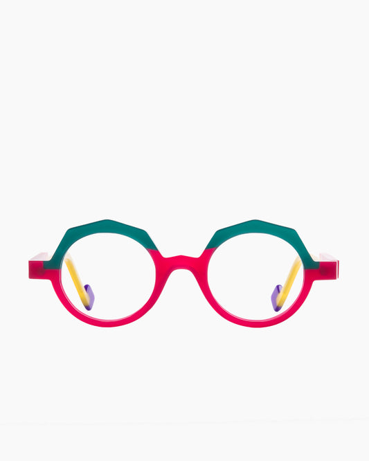 pink plastic round eyeglasses by Anne et Valentin model Lock, front view, lunettes de vue rond couleur rose