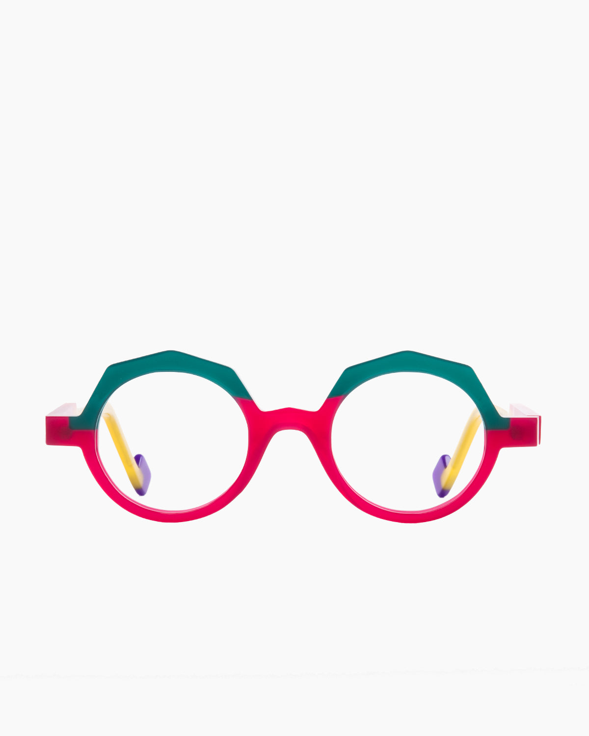 pink plastic round eyeglasses by Anne et Valentin model Lock, front view, lunettes de vue rond couleur rose