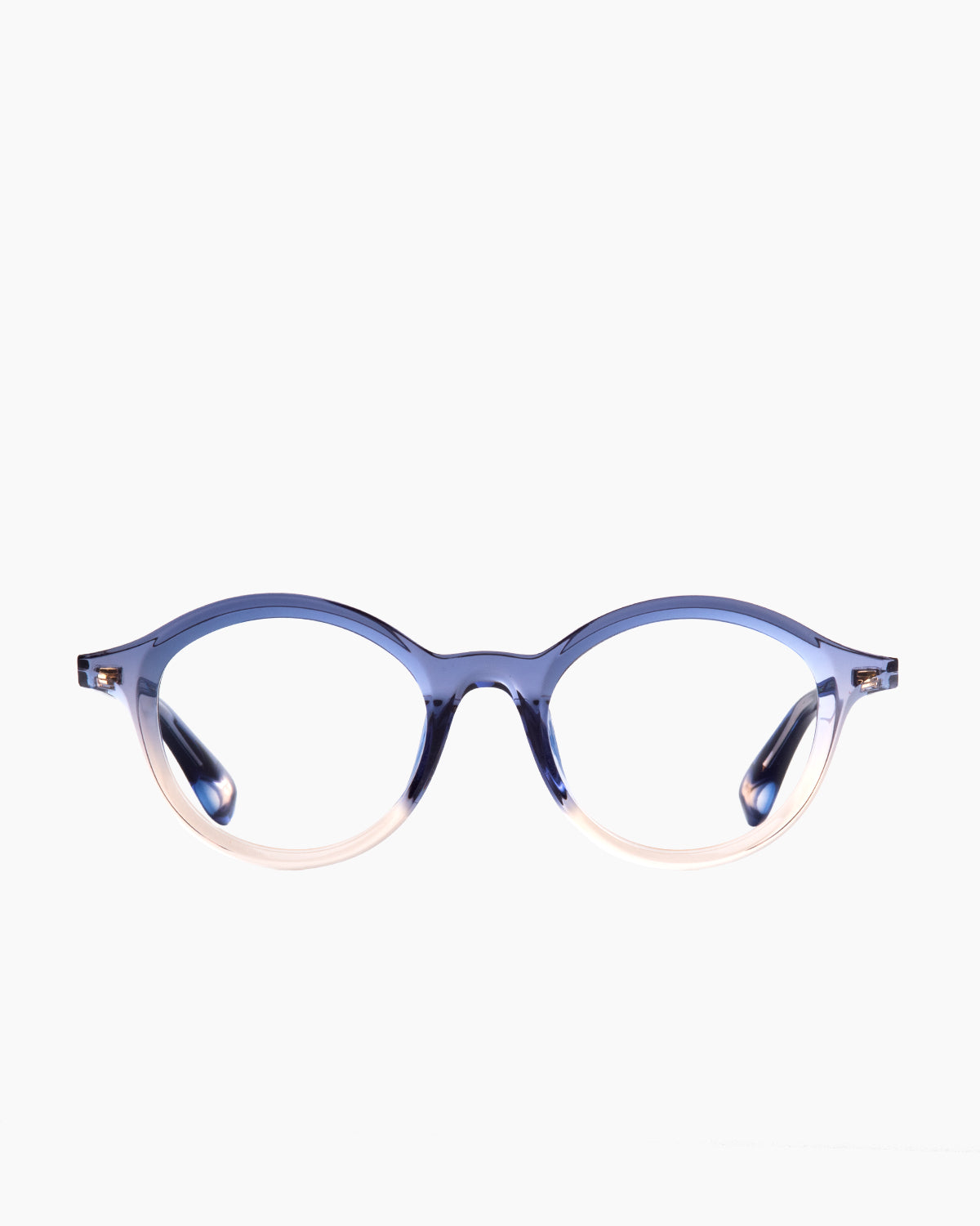 blue plastic round eyeglasses by Theo model dagBreek, front view, lunettes de vue rond couleur bleu