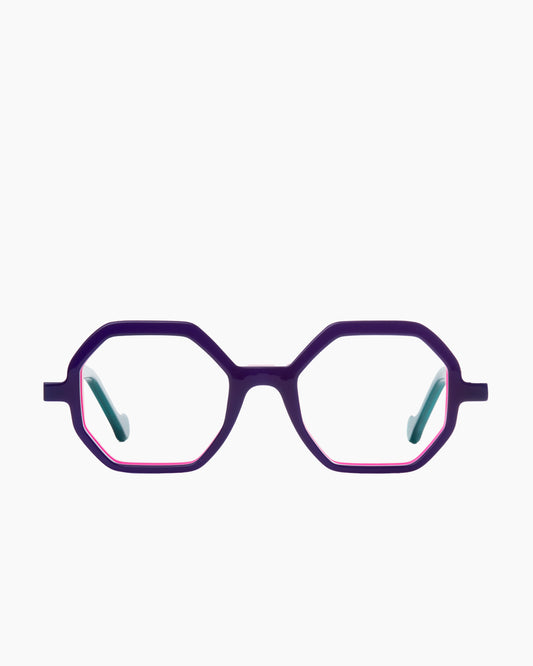 purple plastic octogon eyeglasses by Anne et Valentin model Abira, front view, lunettes de vue octogone couleur violet