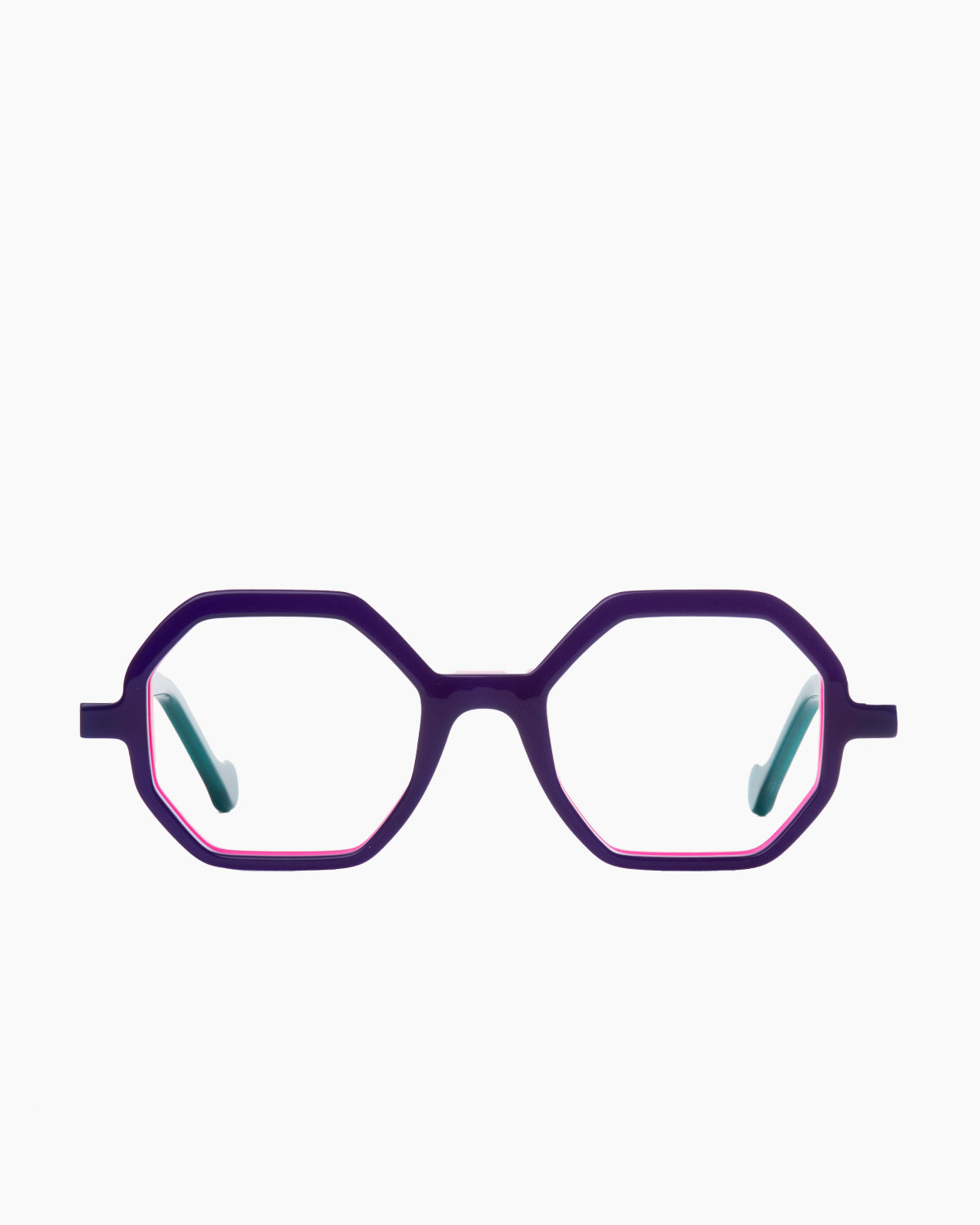 purple plastic octogon eyeglasses by Anne et Valentin model Abira, front view, lunettes de vue octogone couleur violet