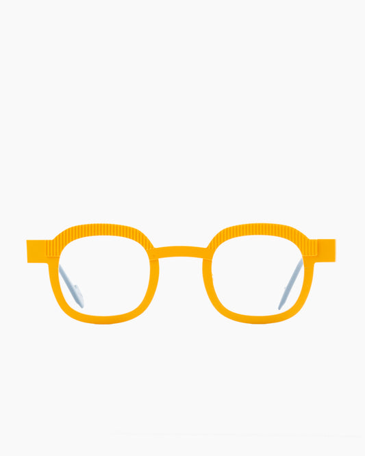 yellow metal rectangle eyeglasses by Anne et Valentin model Variato, front view, lunettes de vue rectangle couleur Jaune