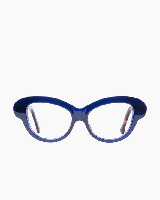 blue plastic butterfly eyeglasses by Marie-Sophie Dion model Perrier, front view, lunettes de vue papillon couleur Bleu