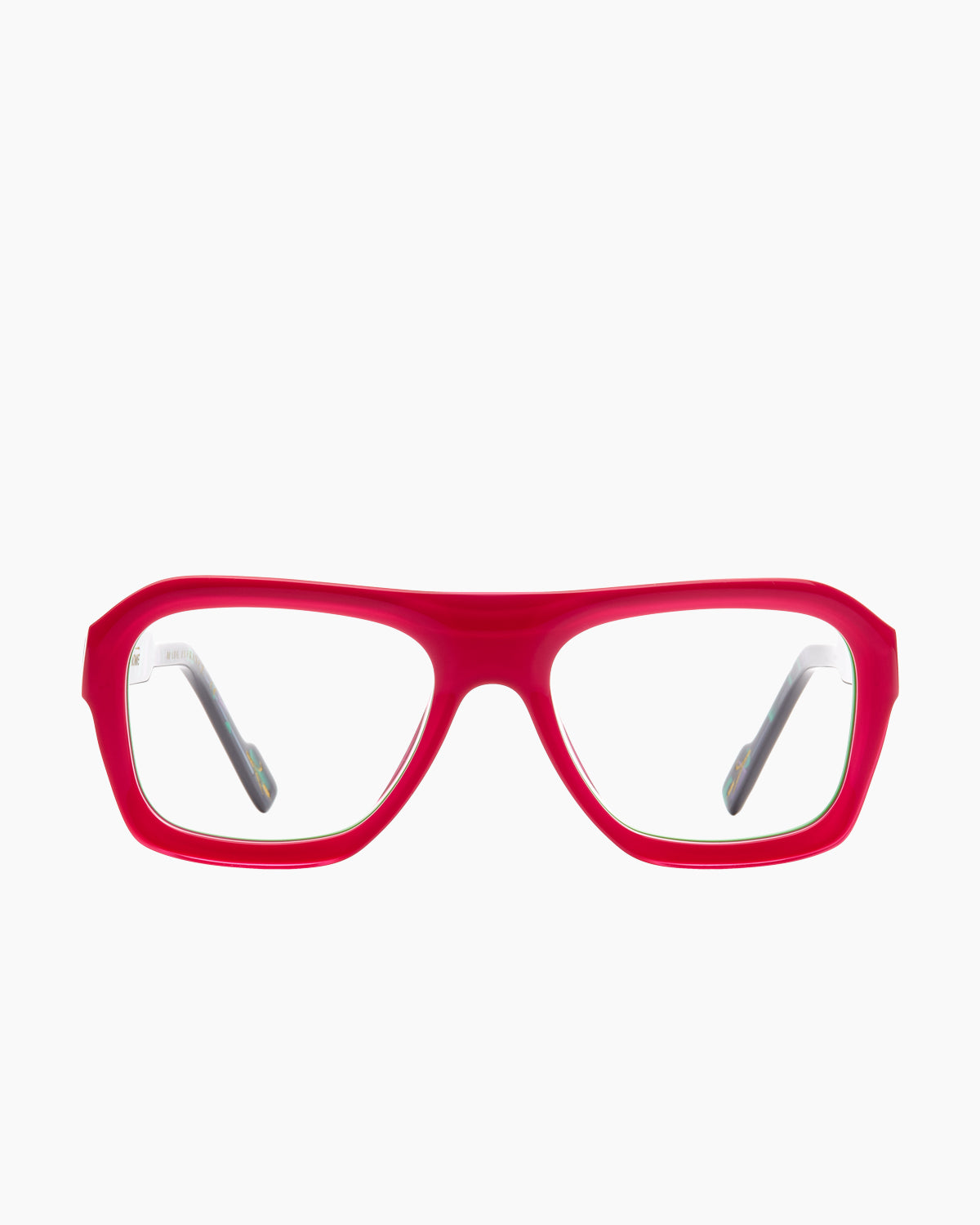 pink plastic aviator eyeglasses by Xavier Derome model SOULOR, front view, lunettes de vue aviateur couleur rose