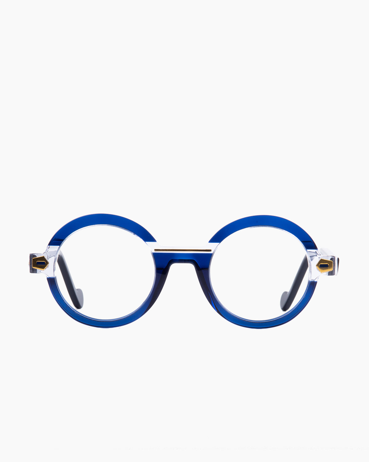 blue plastic round eyeglasses by Anne et Valentin model TRANSFIGURE, front view, lunettes de vue rond couleur Bleu