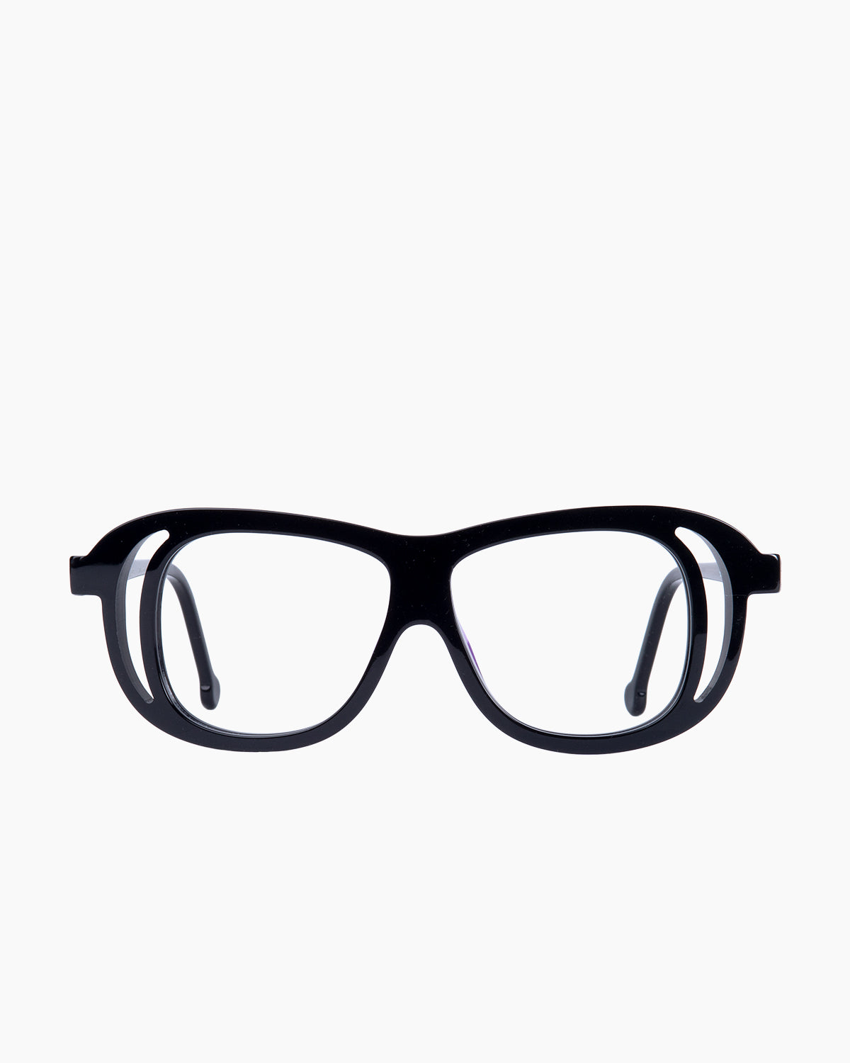 black plastic aviator eyeglasses by Marie-Sophie Dion model Roll, front view, lunettes de vue aviateur couleur Noir