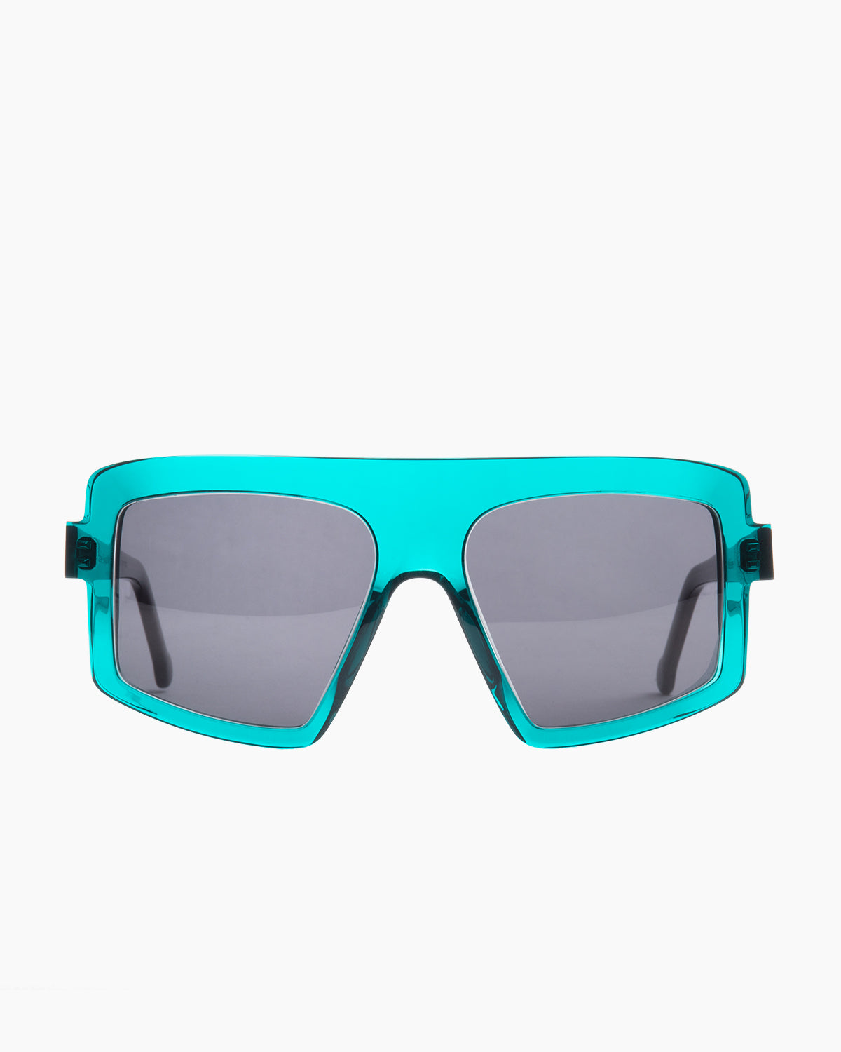 green plastic rectangle  sunglassesby Marie-Sophie Dion model Larochelière, front view, lunettes de vue rectangle couleur vert