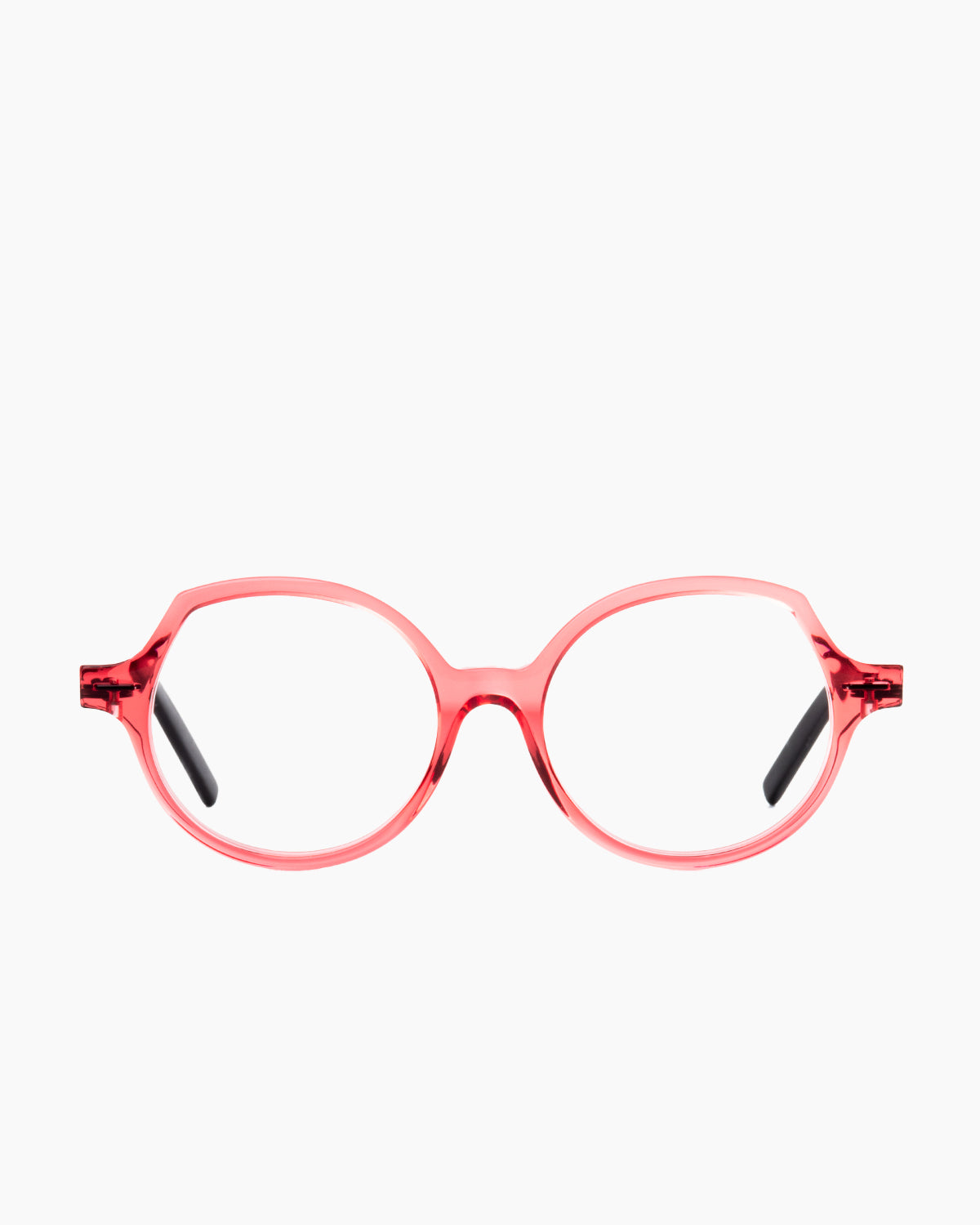 pink plastic round eyeglasses by Theo model Slay, front view, lunettes de vue rond couleur rose