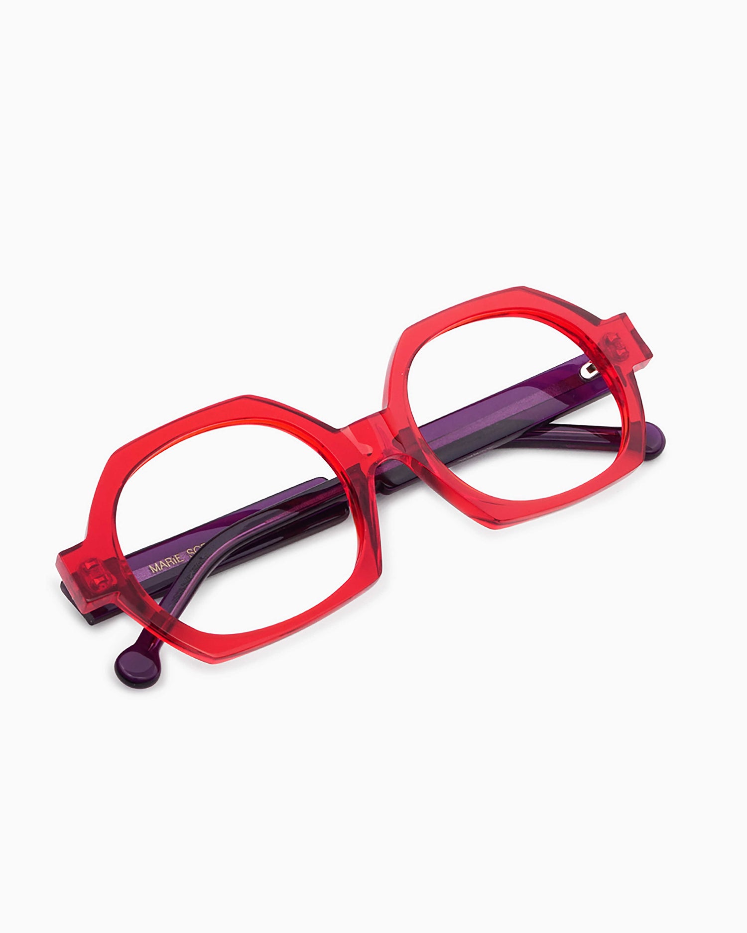 red plastic hexagon eyeglasses by Marie-Sophie Dion model Laperle.T, front view, lunettes de vue hexagone couleur Rouge