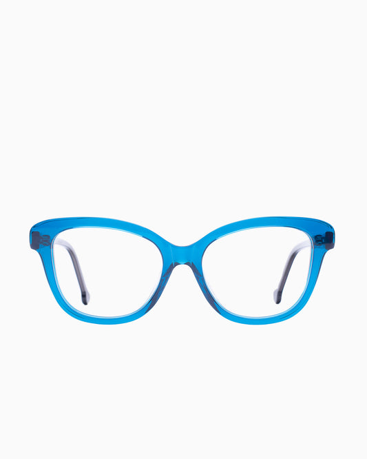 blue plastic butterfly eyeglasses by Marie-Sophie Dion model Lamy, front view, lunettes de vue papillon couleur Bleu
