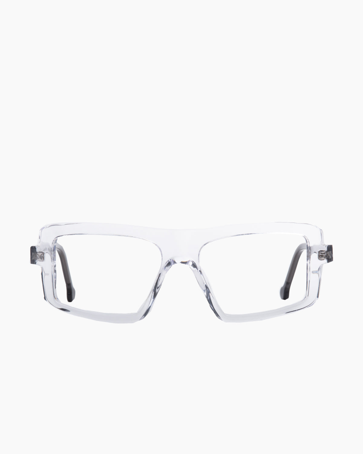 crystal plastic rectangle eyeglasses by Marie-Sophie Dion model Lavoie, front view, lunettes de vue rectangle couleur cristal