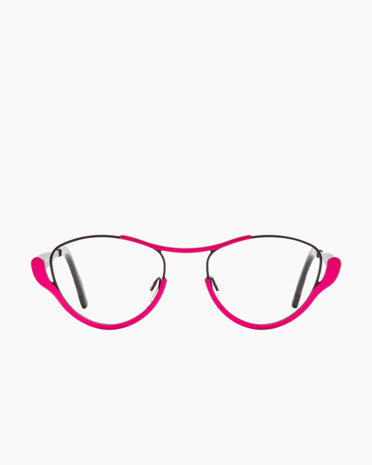pink metal cat eyeglasses by Theo model Jump, front view, lunettes de vue chat couleur Rose