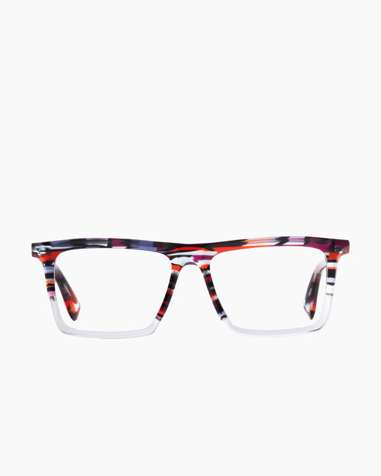 red plastic rectangle eyeglasses by Theo model Alba, front view, lunettes de vue rectangle couleur rouge