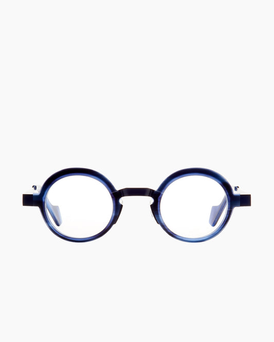 blue metal round eyeglasses by Anne et Valentin model Olaf, front view, lunettes de vue rond couleur bleu