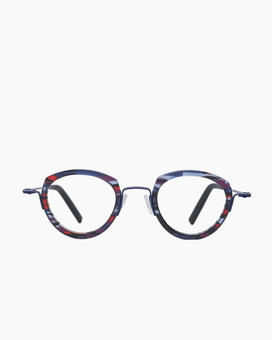 blue metal round eyeglasses by Theo model Spinach, front view, lunettes de vue rond couleur Bleu