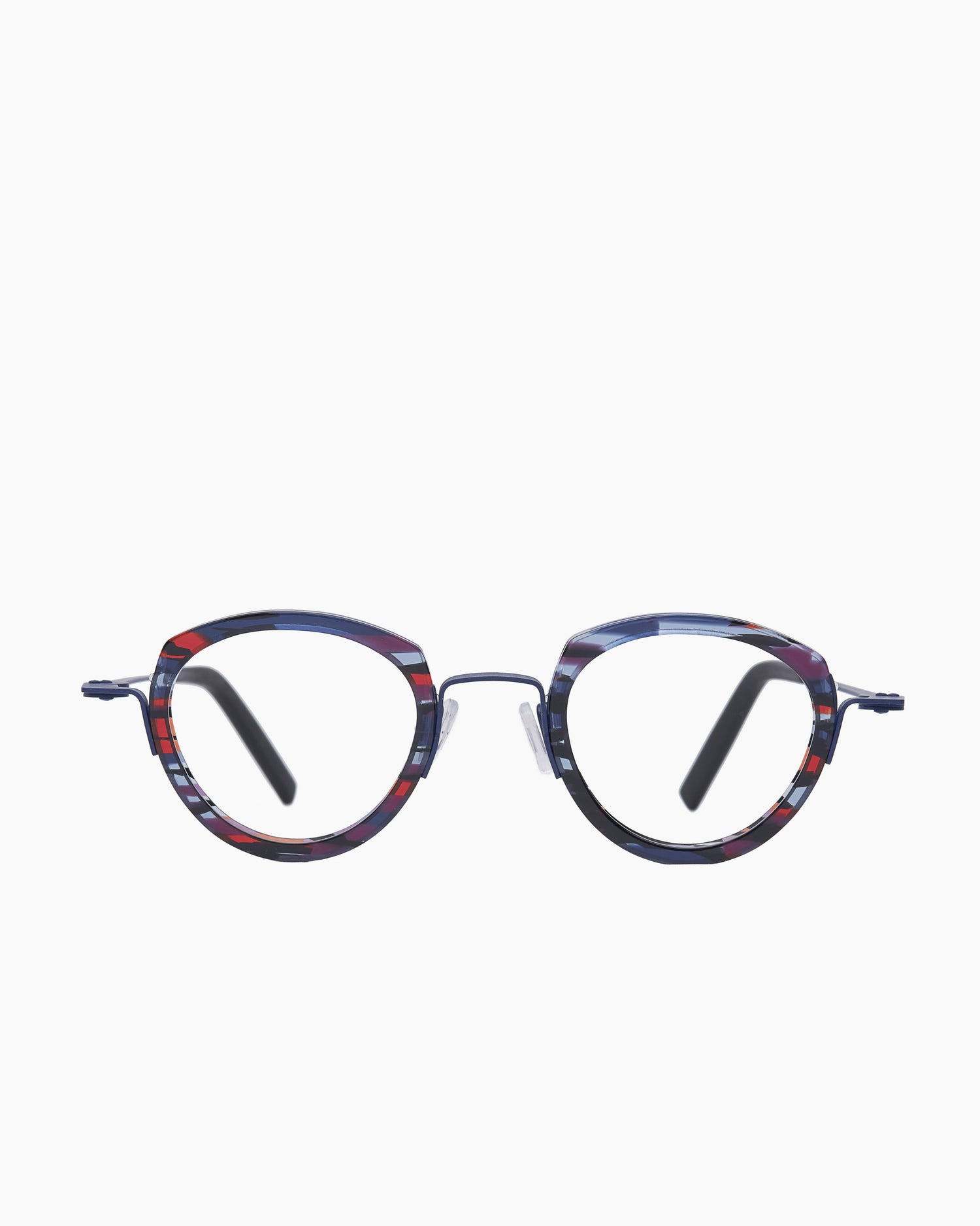 blue metal round eyeglasses by Theo model Spinach, front view, lunettes de vue rond couleur Bleu