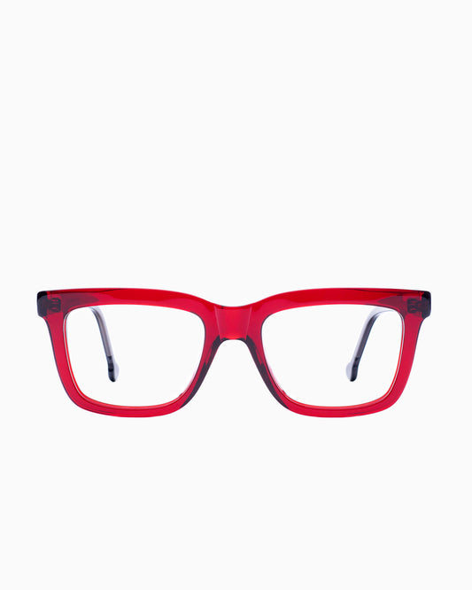 red plastic rectangle eyeglasses by Marie-Sophie Dion model Laflamme, front view, lunettes de vue rectangle couleur bourgogne